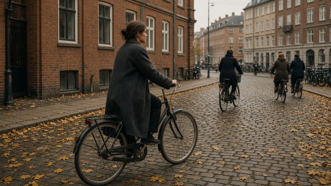 Person cykler ad en efterårsgade i København mellem gule blade.